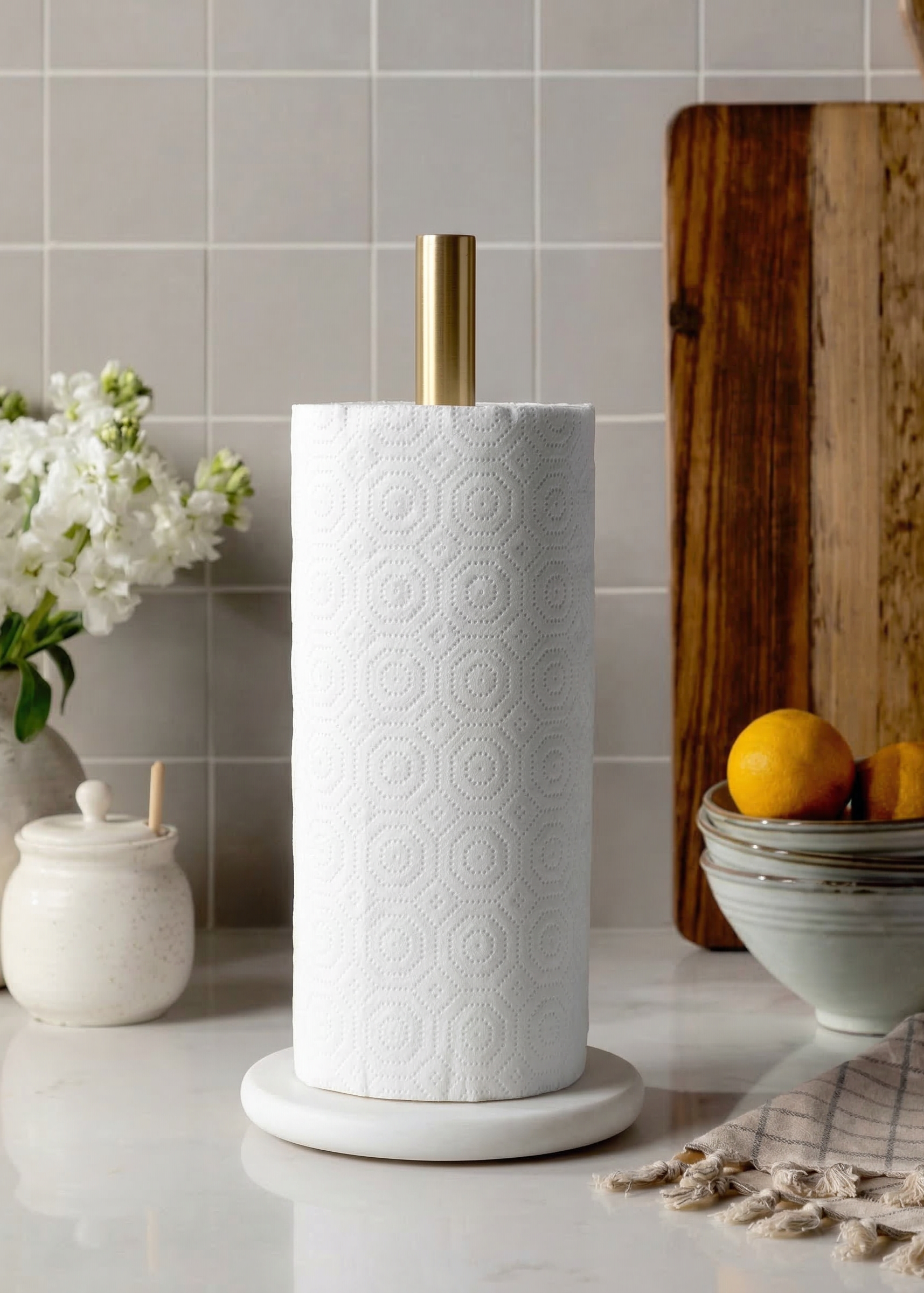 Kitchen Marble Towel Roll Holder - White & Gold