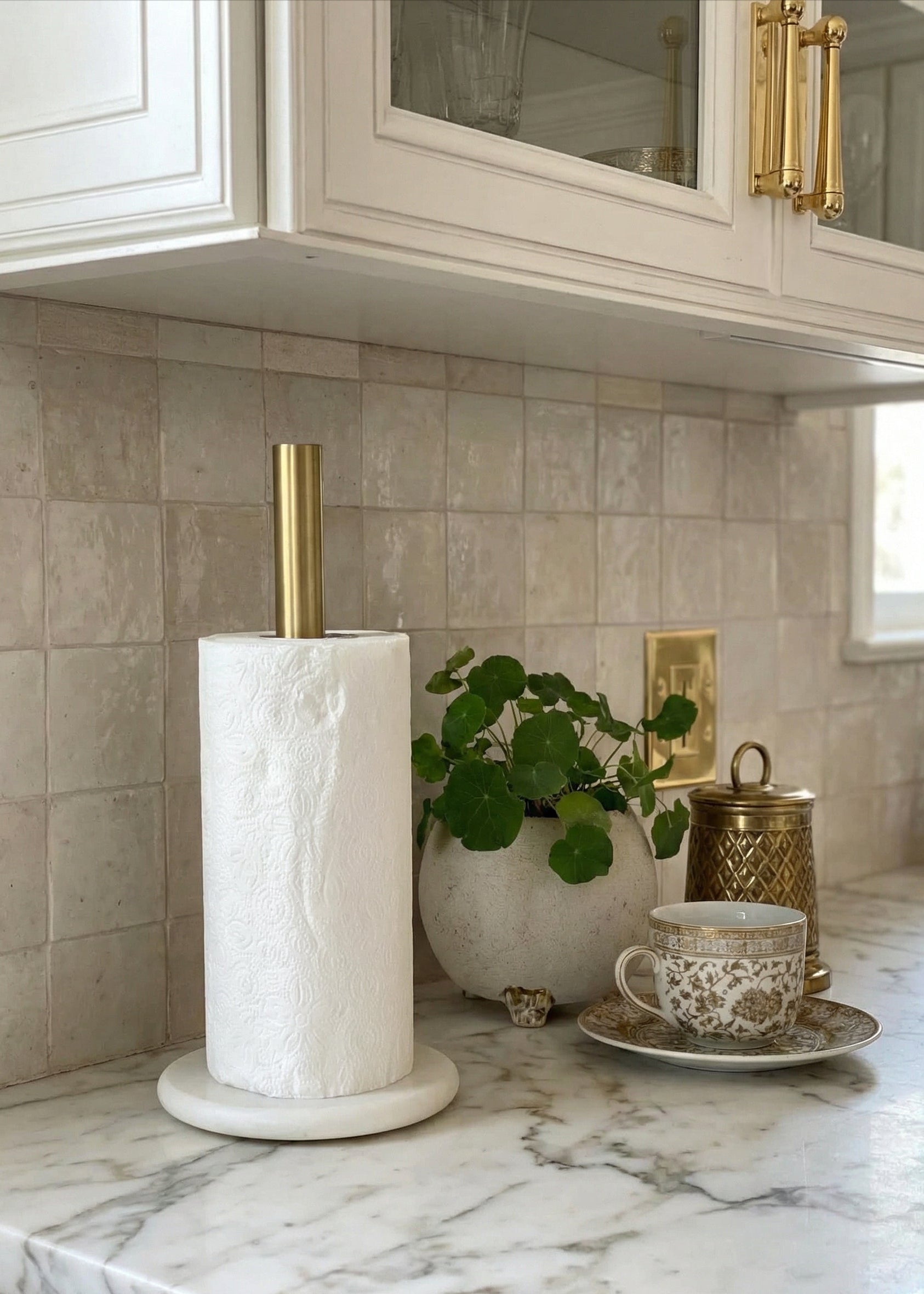 Kitchen Marble Towel Roll Holder - White & Gold