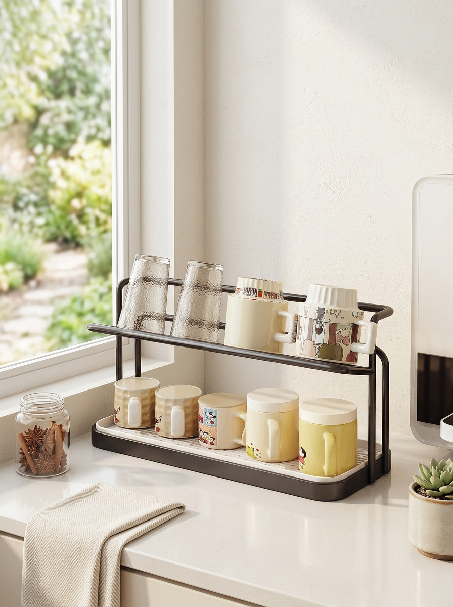 2-Tier Cup Rack with Tray - Black