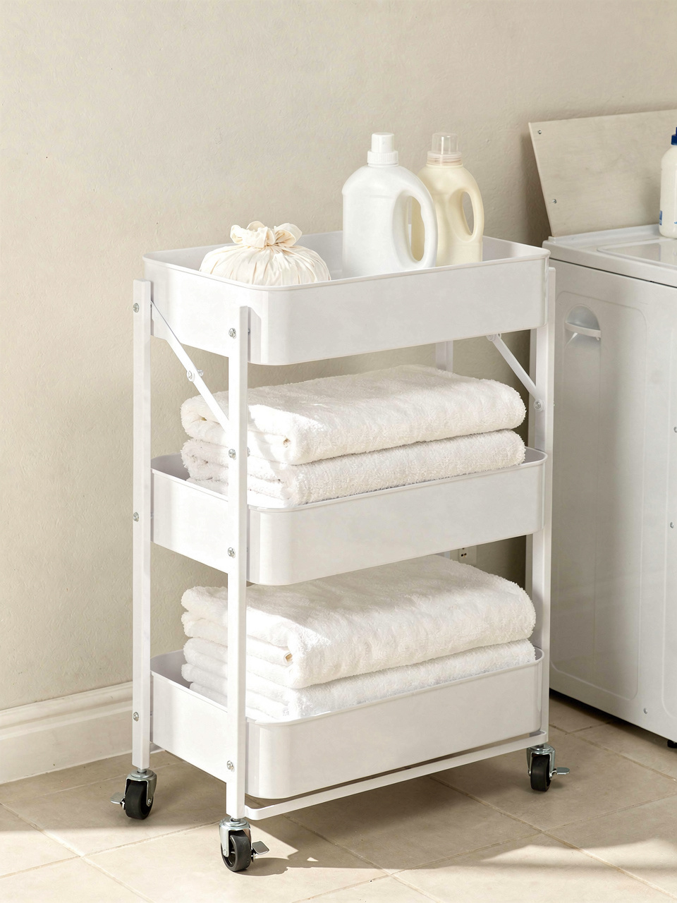 Foldable 3-Tier Rolling Utility Cart - White