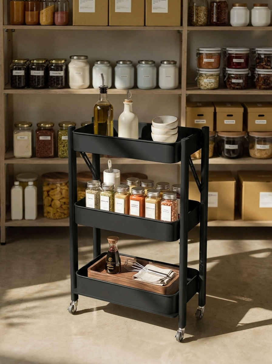Foldable 3-Tier Rolling Utility Cart - Black