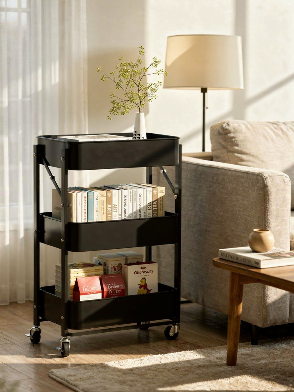 Foldable 3-Tier Rolling Utility Cart - Black
