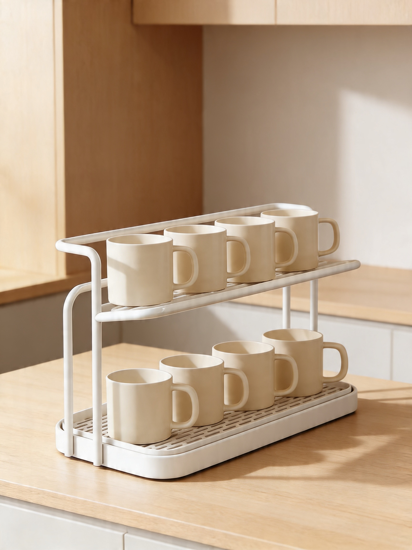2-Tier Cup Rack with Tray - White