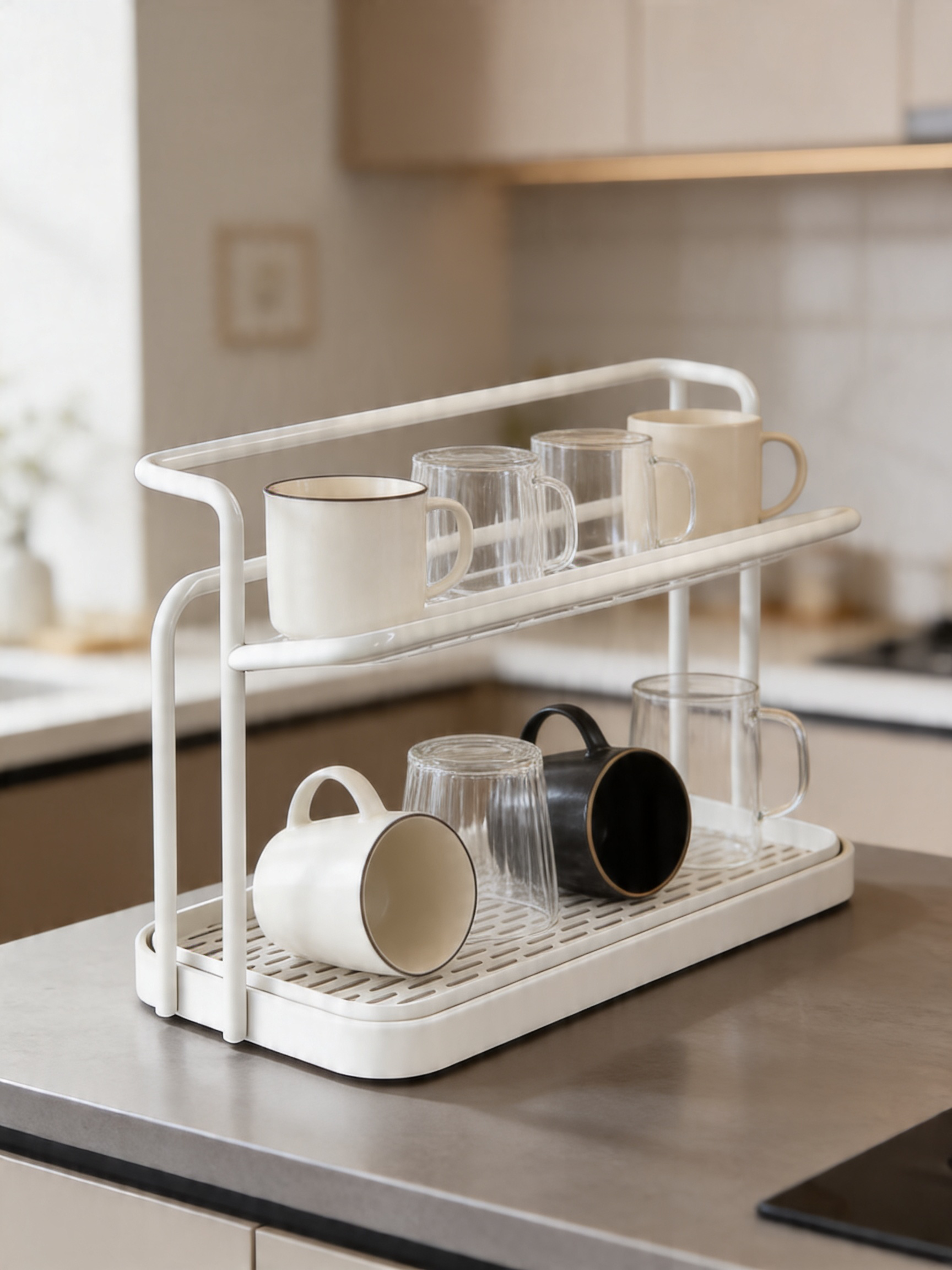2-Tier Cup Rack with Tray - White