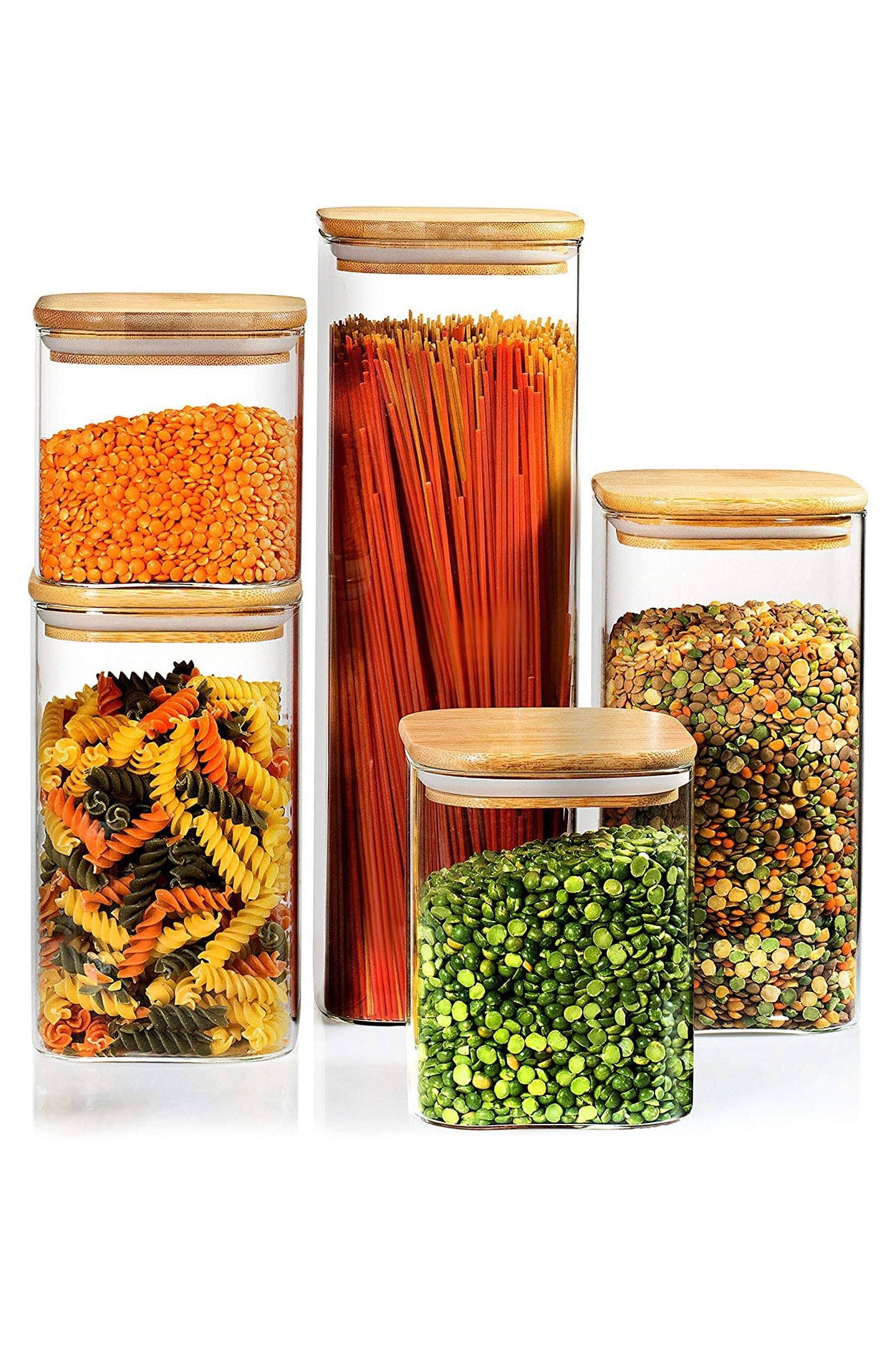 Glass Airtight Container With Wooden Lid - Set Of 5