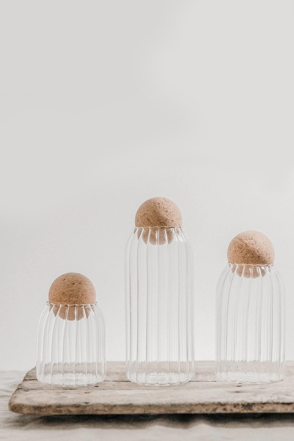 Ribbed Glass Jar With Cork Ball Lid - Set Of 3