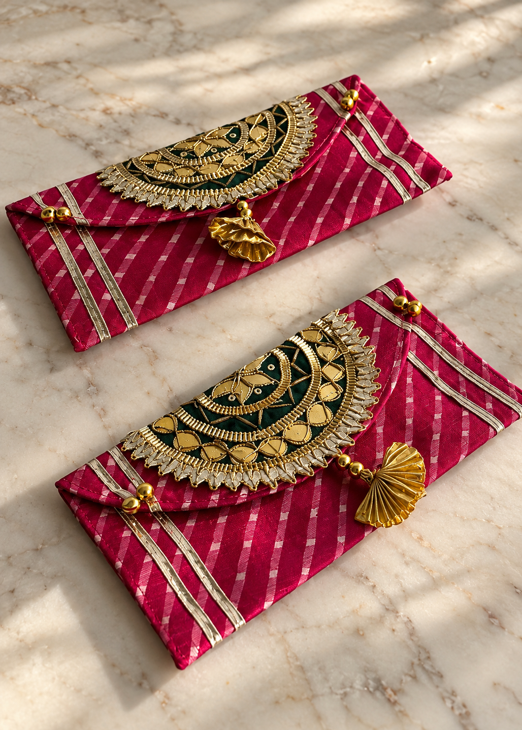 Festive Zari Envelope Pink & Green - Set of 2