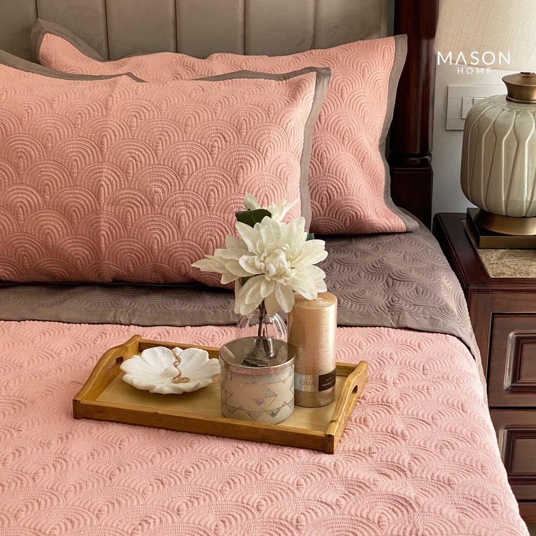 Cotton Bedspread - Coral And Taupe (Reversible)