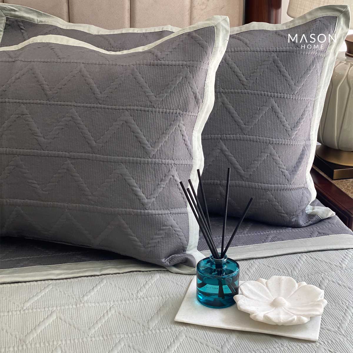 Cotton Bedspread - Dark Grey And Sage Green (Reversible)