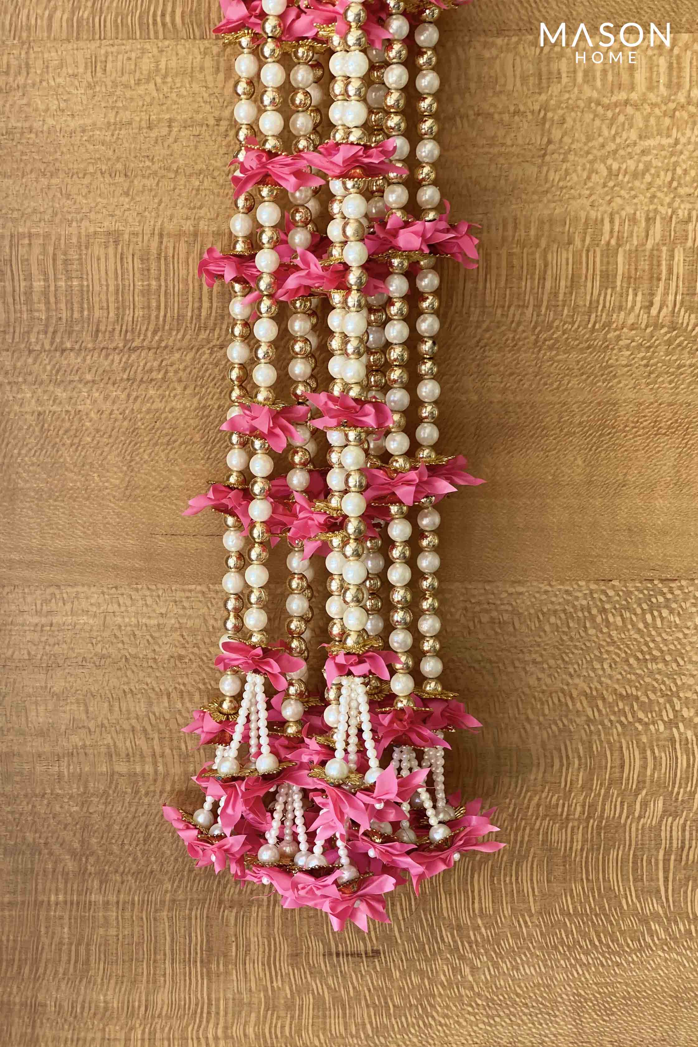 Pink Floral Pearl Side Latkan - Set Of 10 (3 Feet)