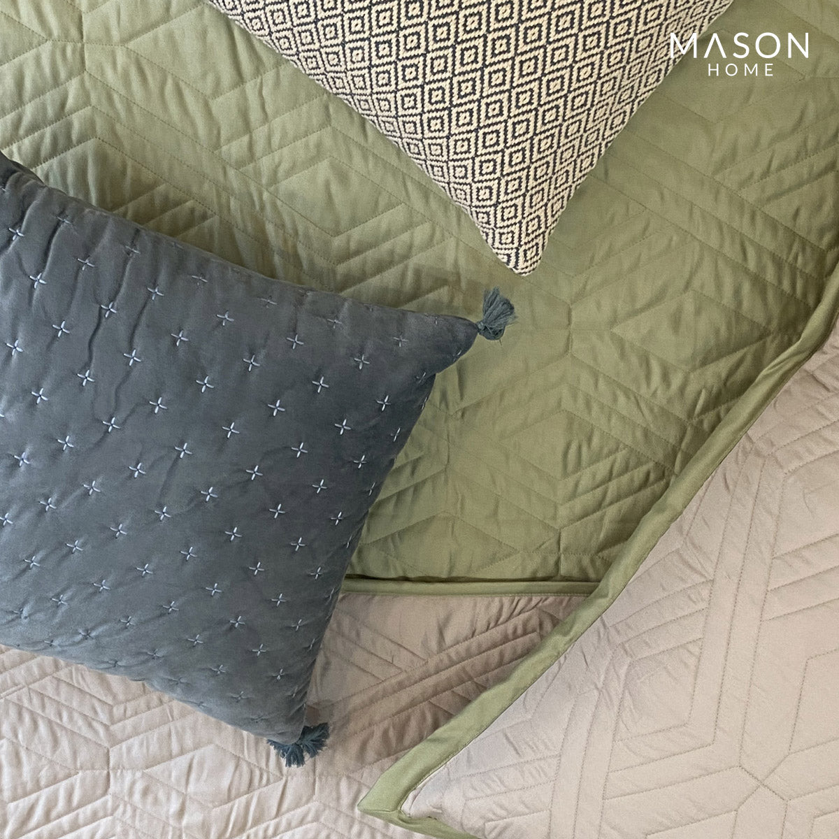 Rhombic Lime Green Beige Bedspread