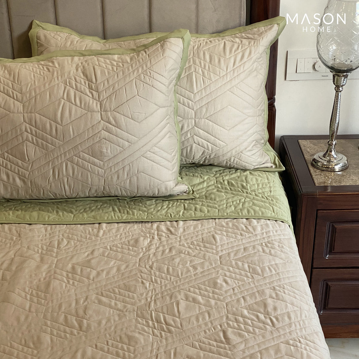 Rhombic Lime Green Beige Bedspread