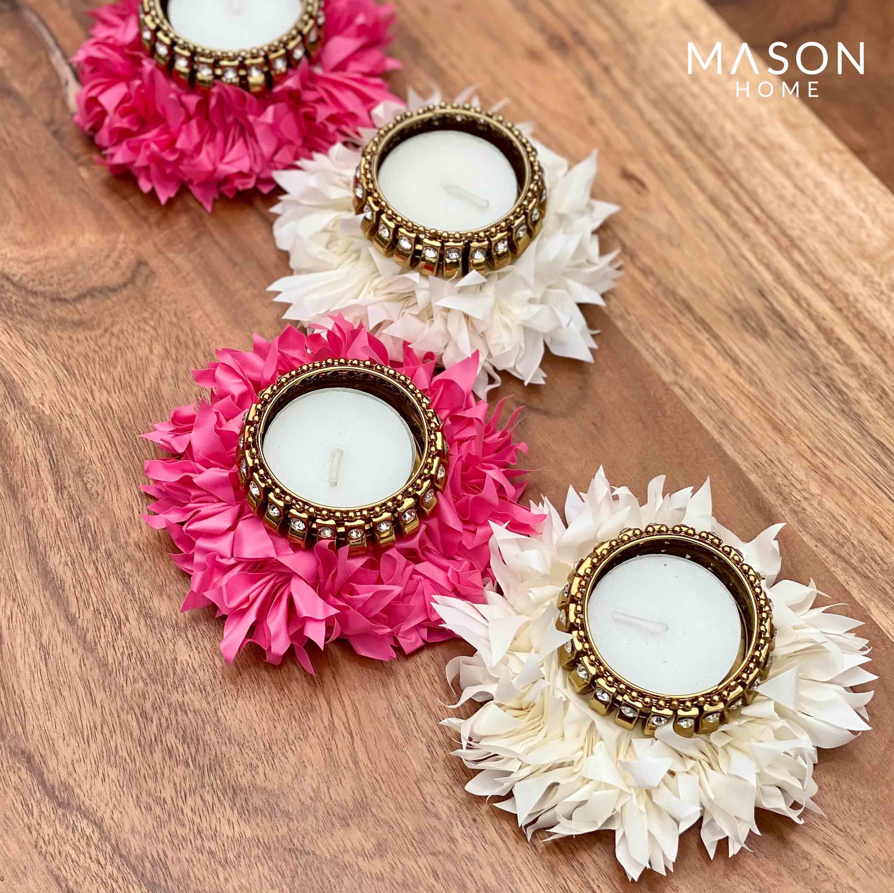 Festive White & Pink Gajra Tea Light - Set Of 4