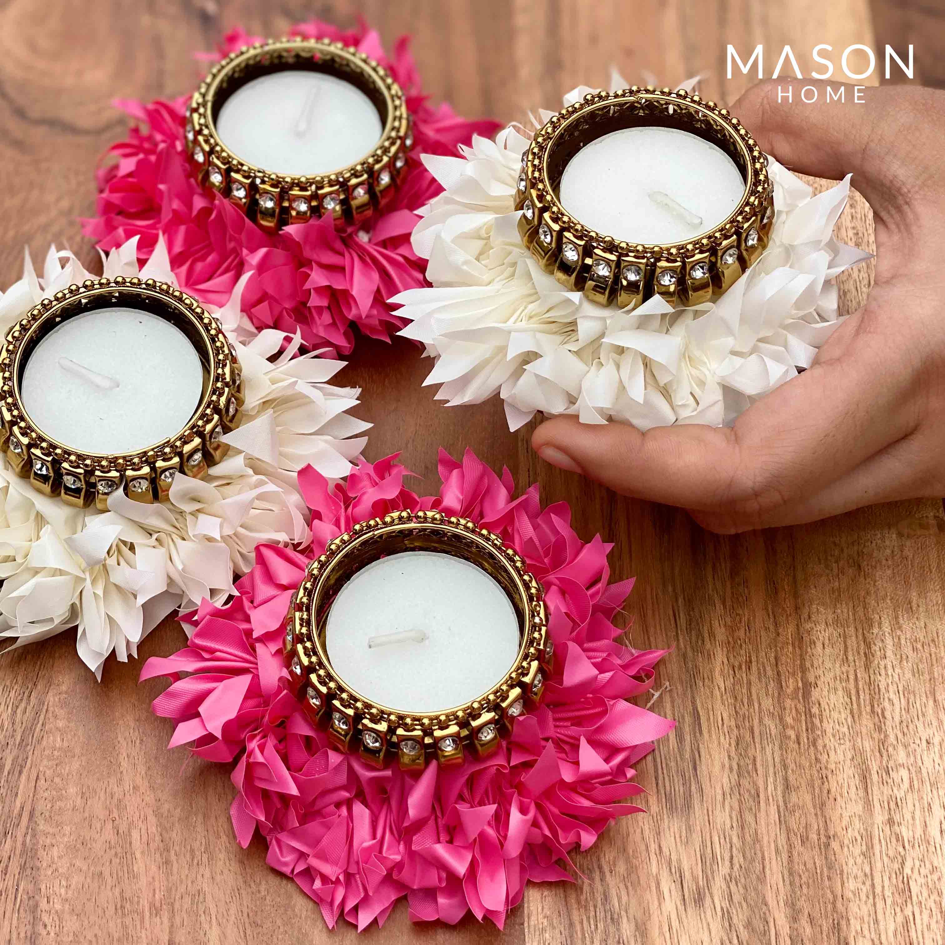Festive White & Pink Gajra Tea Light - Set Of 4