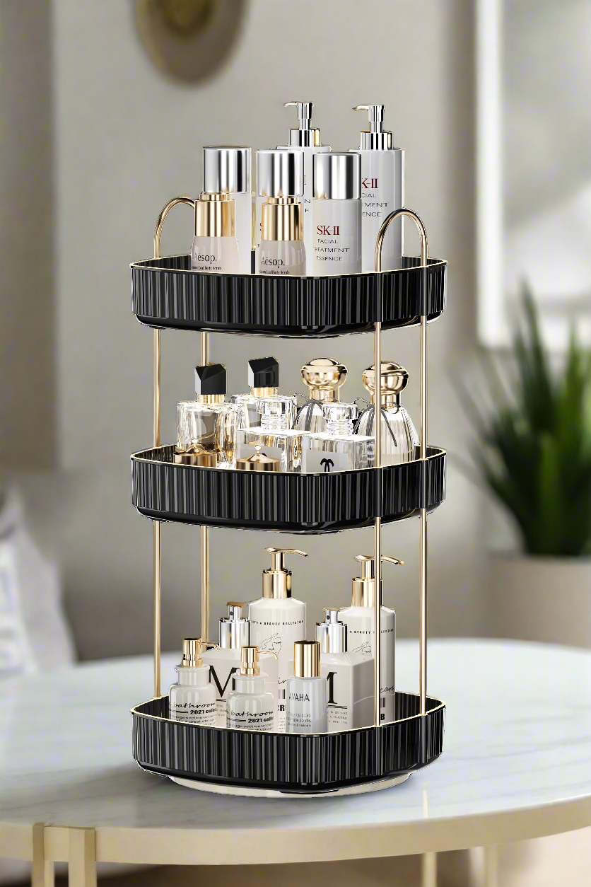 Three Tier Square Rotating Makeup Organiser - Black