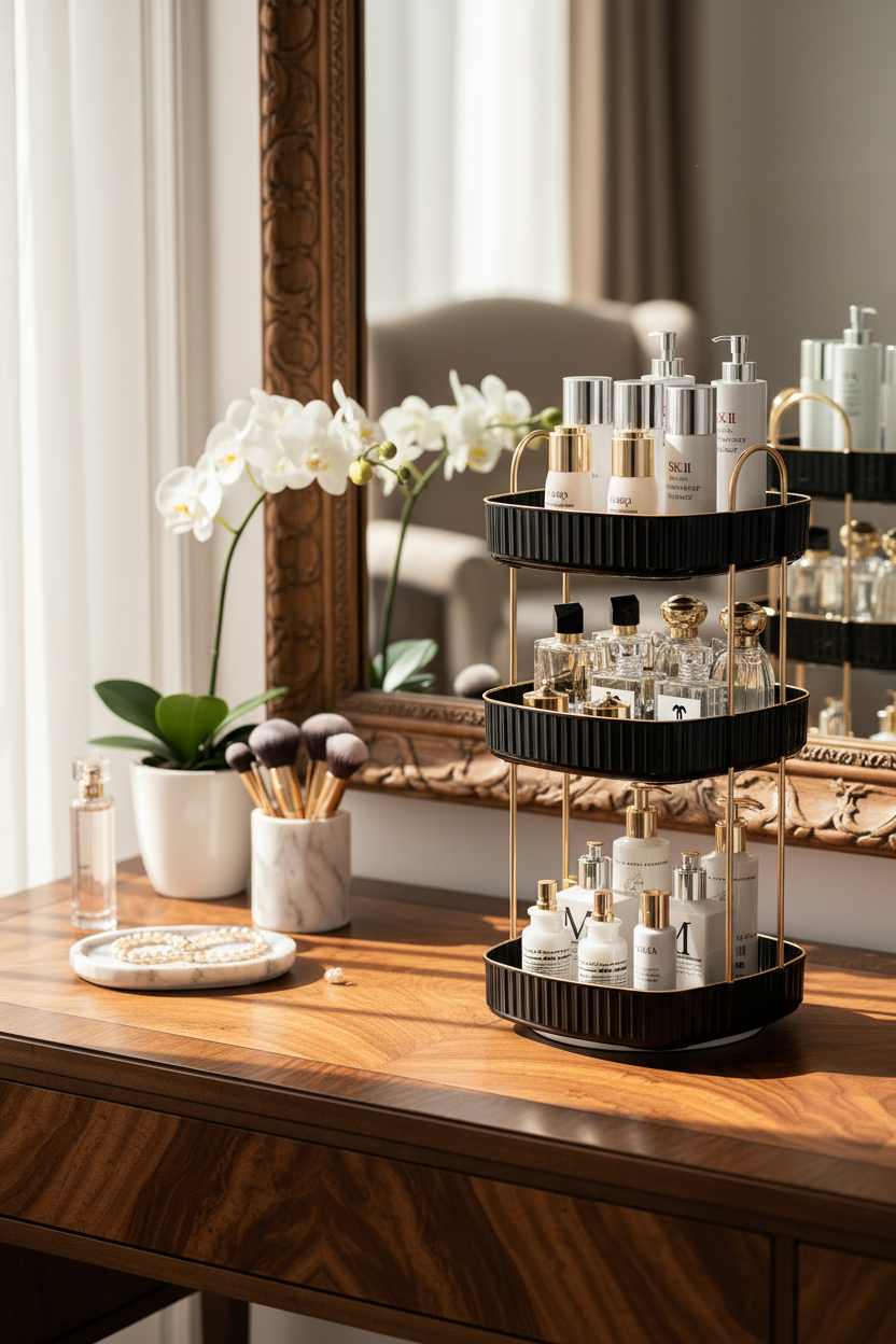 Three Tier Square Rotating Makeup Organiser - Black