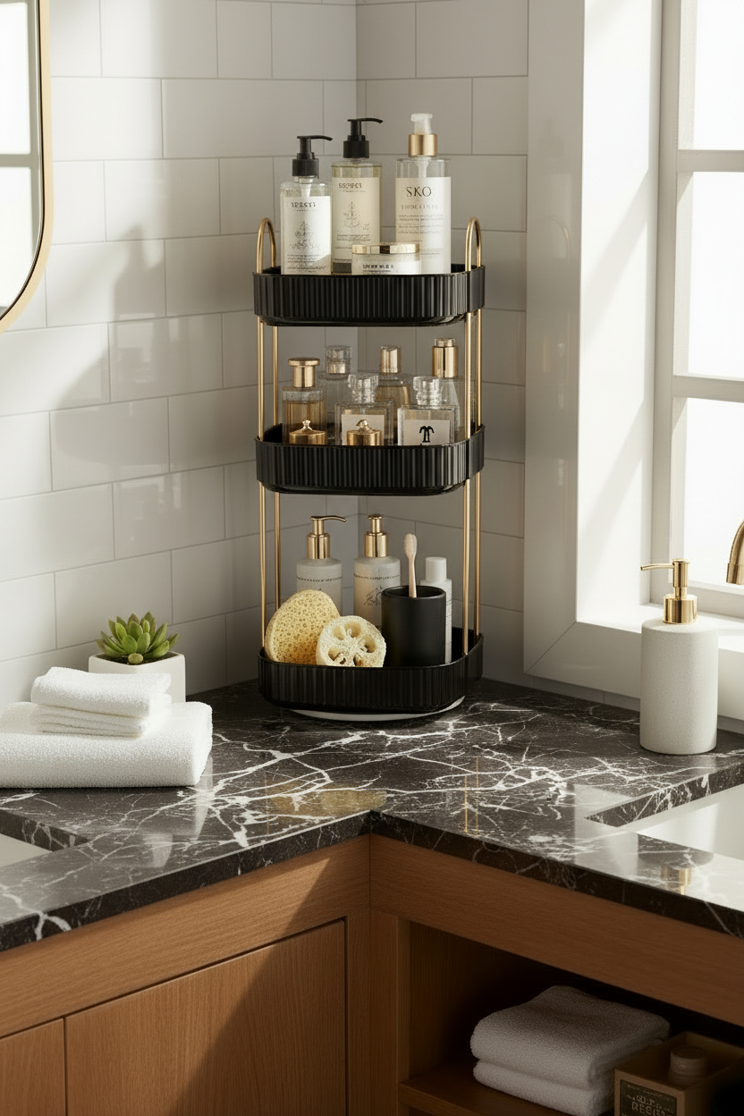 Three Tier Square Rotating Makeup Organiser - Black