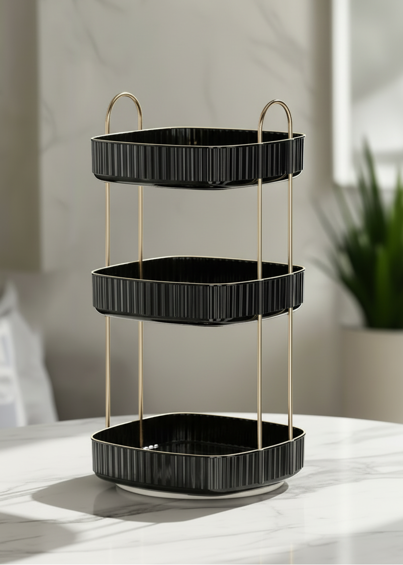 Three Tier Square Rotating Makeup Organiser - Black