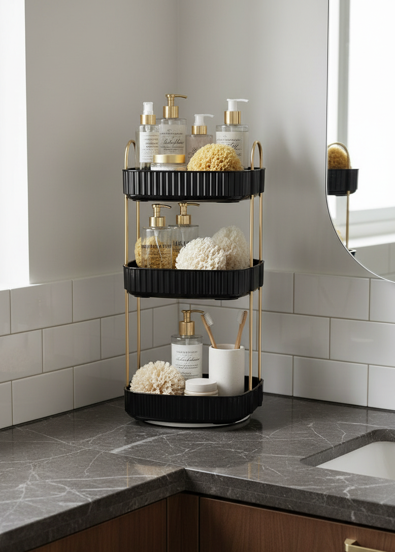 Three Tier Square Rotating Makeup Organiser - Black