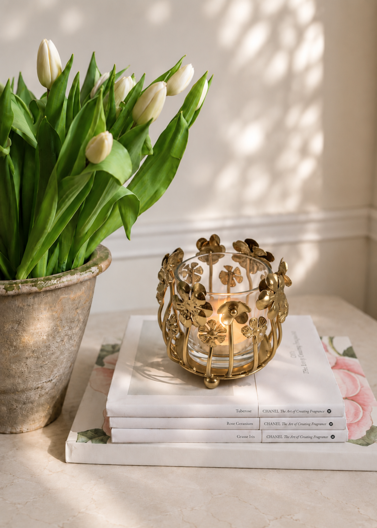 Floral Brass Tealight Holder (Single Piece)
