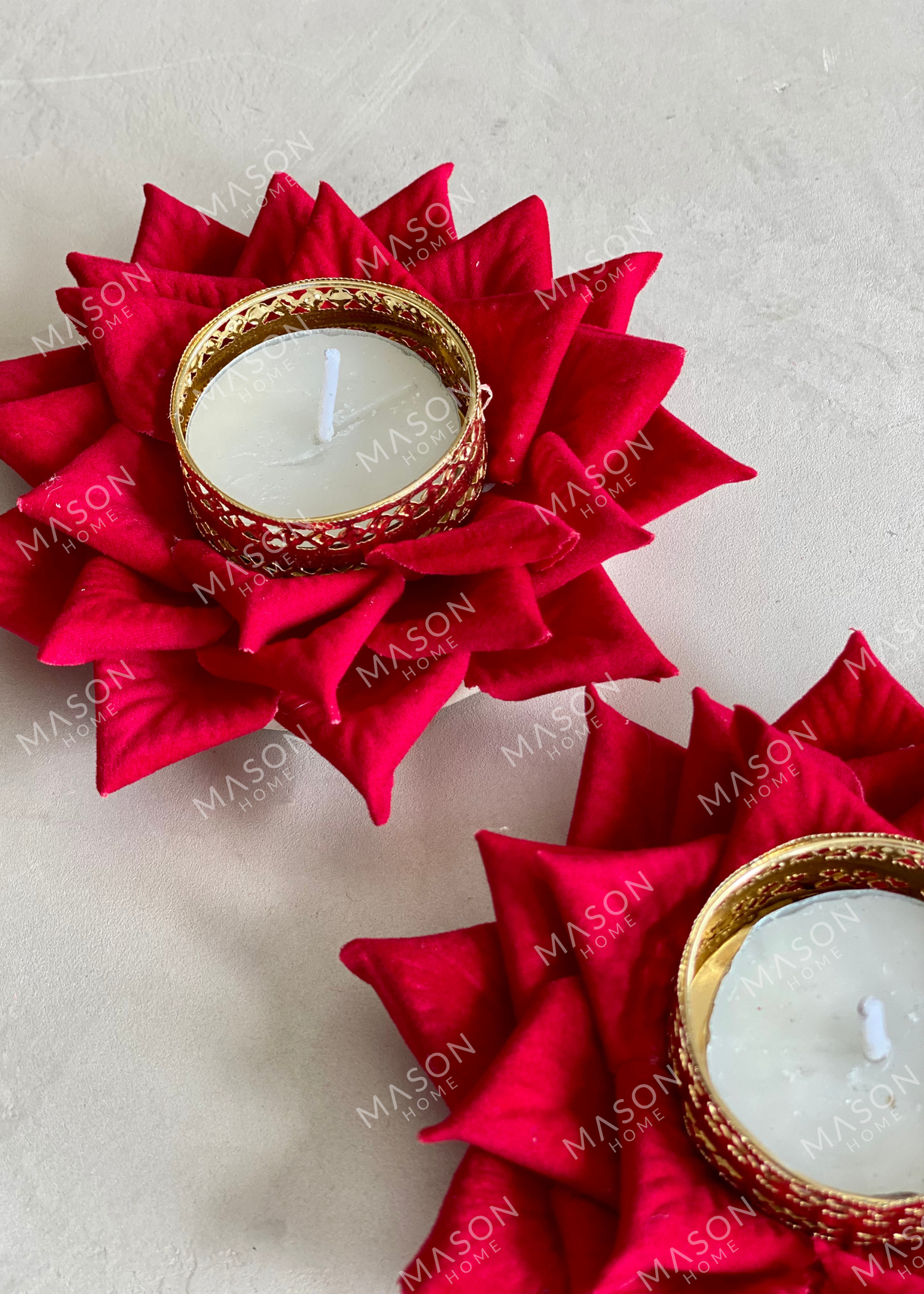 Festive Lotus Bloom Diya - Red (Set of 2)