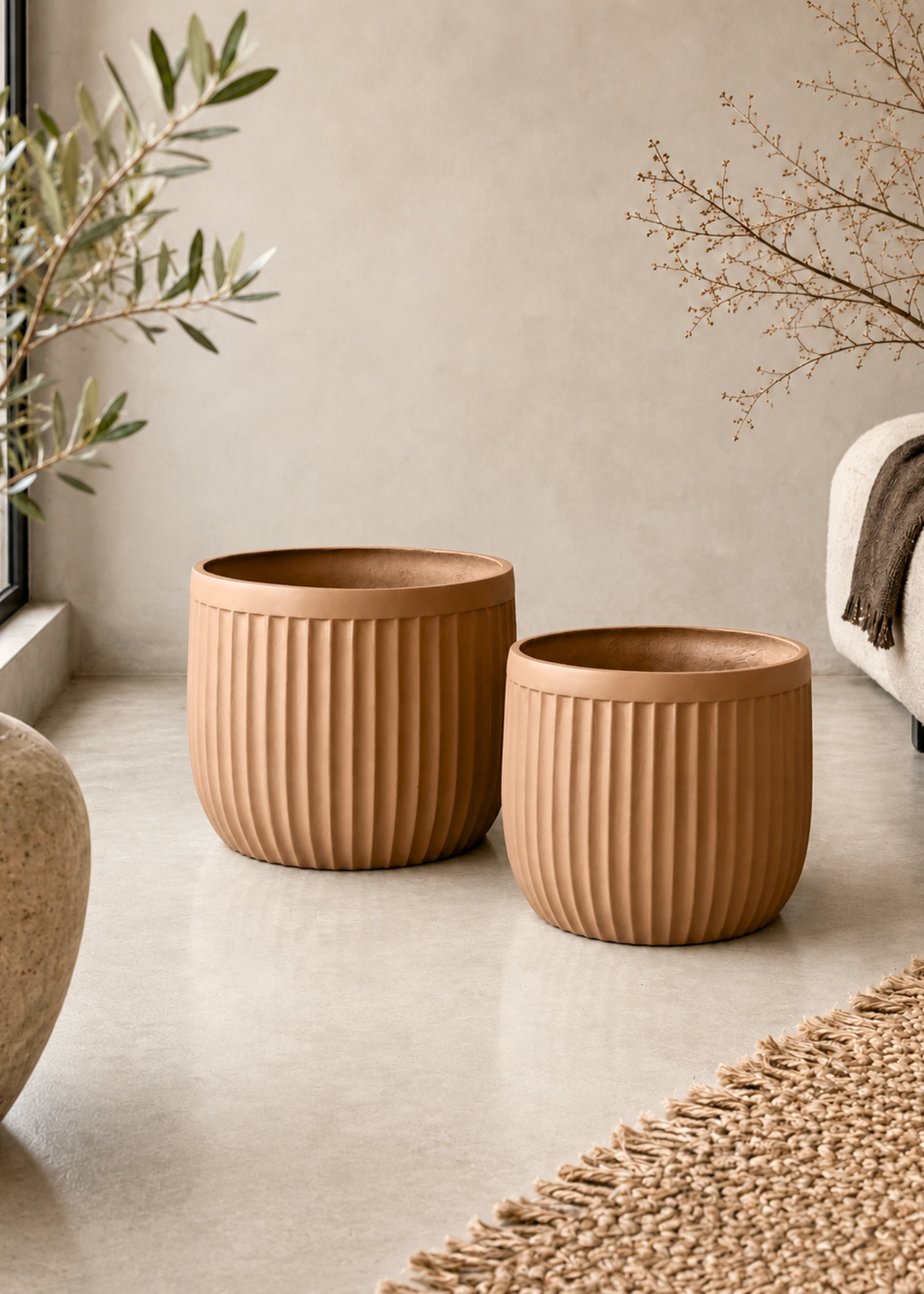 Valen Ribbed Planters - Terracotta Beige