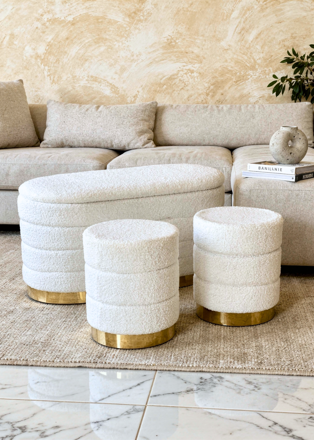 Cloud Boucle Storage Pouffe Set - Chalk White