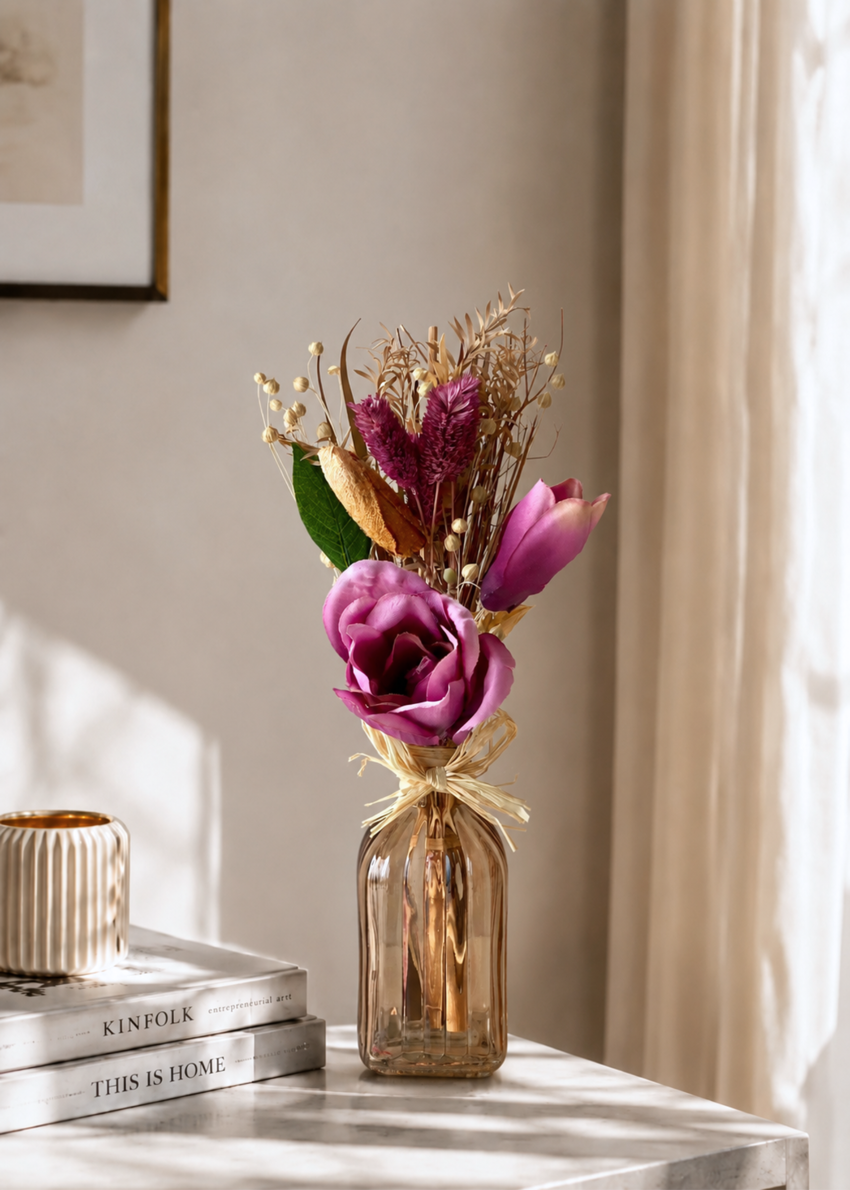 Artificial Dried Floral Bunch with Vase - Beige &amp; Pink
