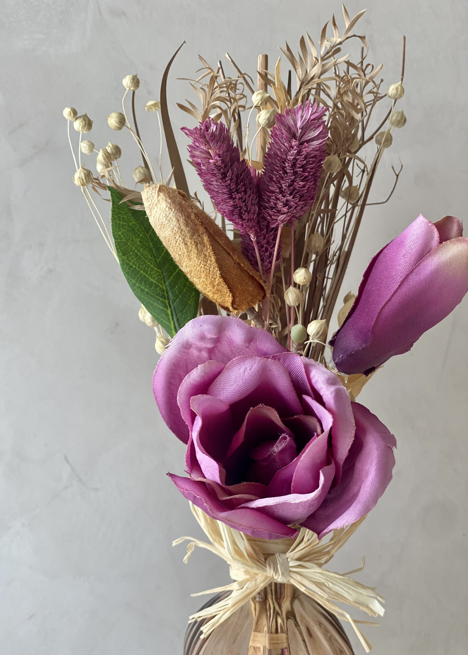 Artificial Dried Floral Bunch with Vase - Beige &amp; Pink