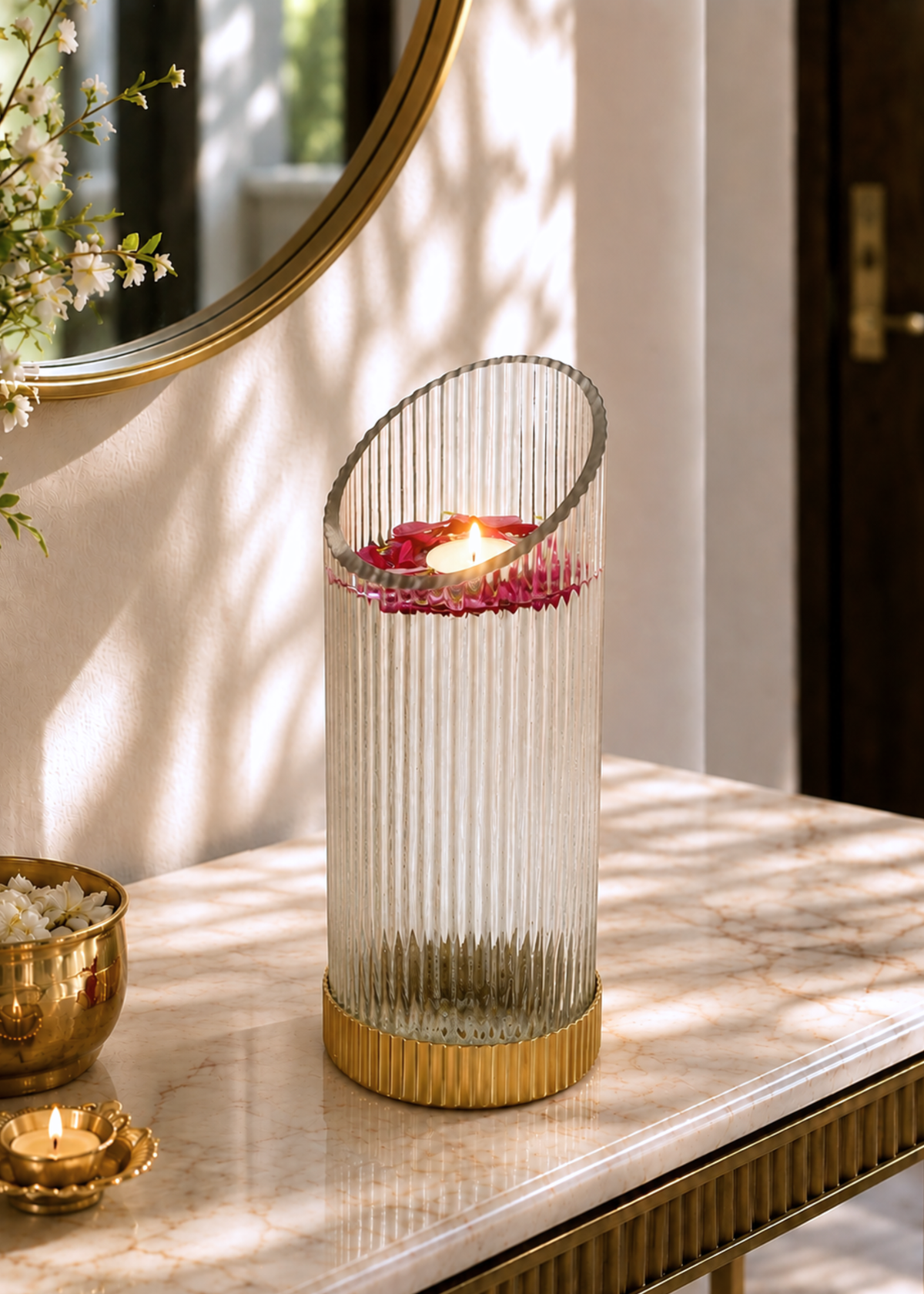 Fluted Glass Gold Vase - Tall