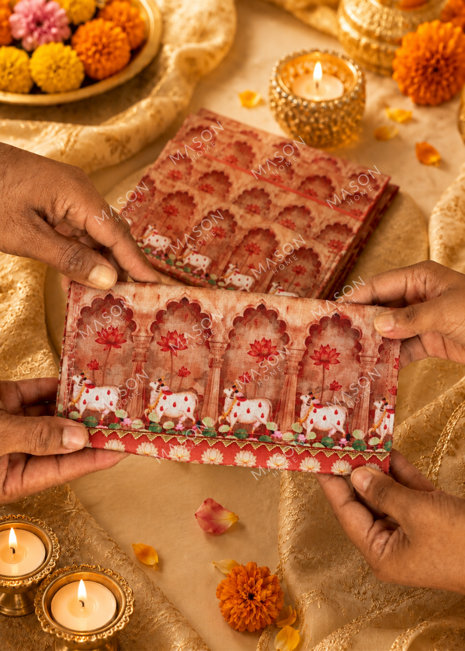 Festive Vrindavan Lotus Envelopes - Red (Set of 5)