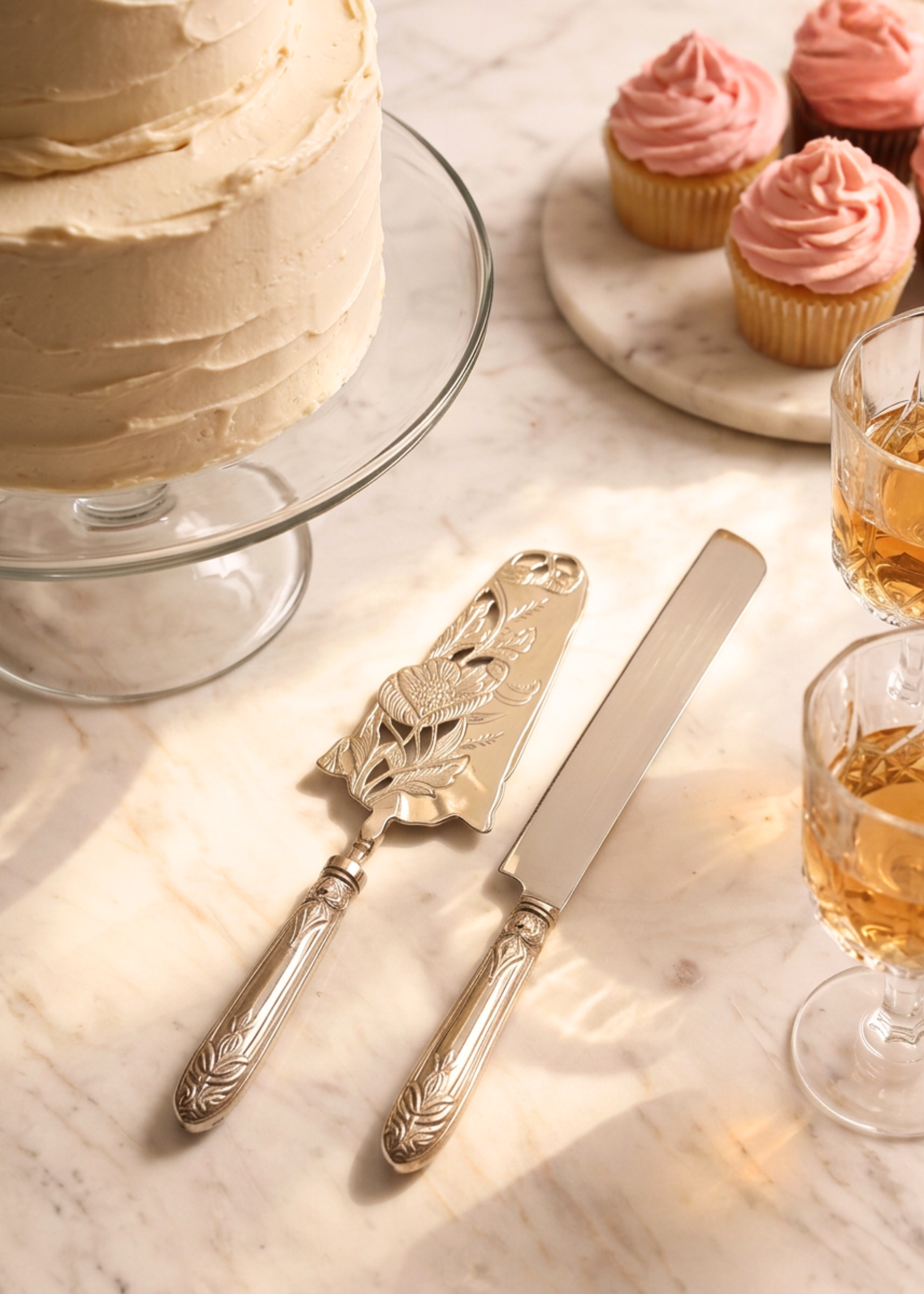 Royal Floral Bloom Cake Knife And Server - Silver
