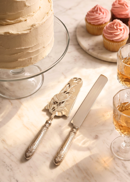 Royal Floral Bloom Cake Knife And Server - Silver