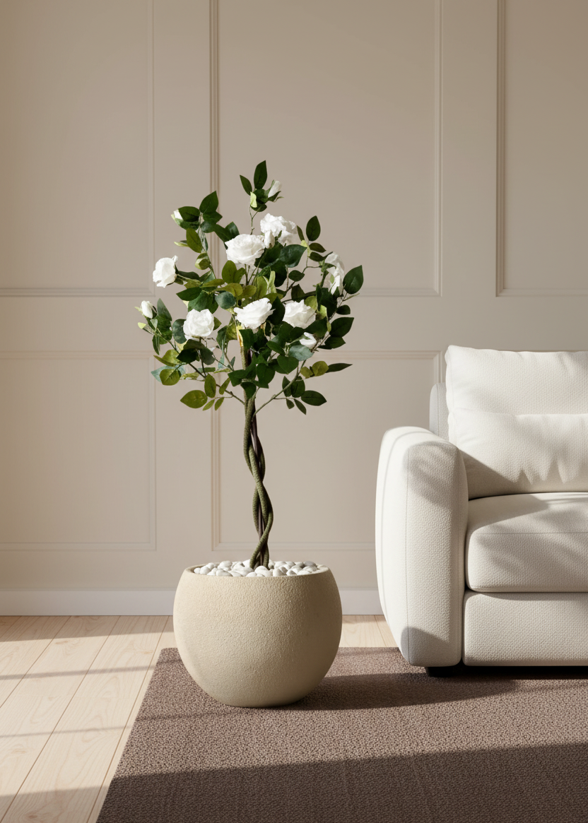 Artificial White Twisted Rose Plant - 4 Feet