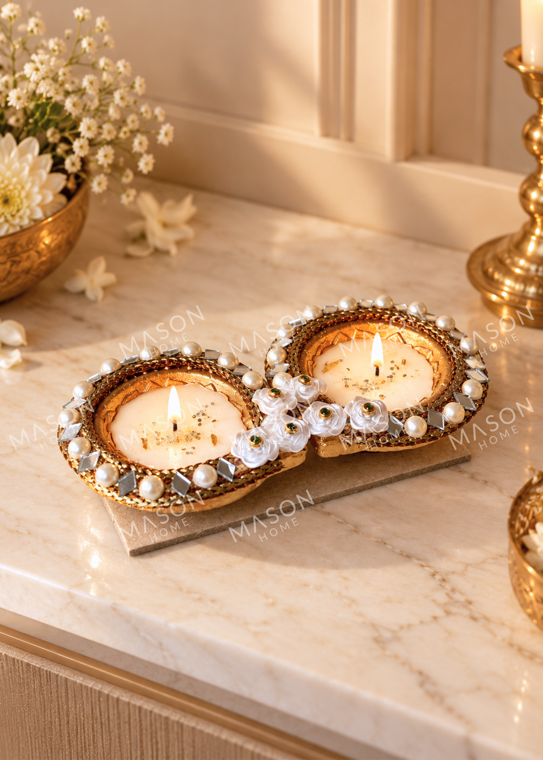 Handmade Rustic Pearl Royale Diya - Set of 2