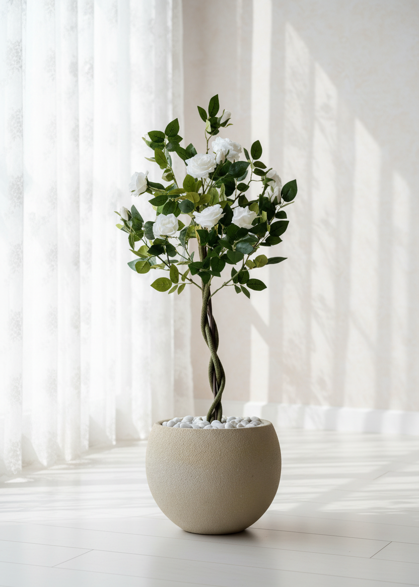 Artificial White Twisted Rose Plant - 4 Feet