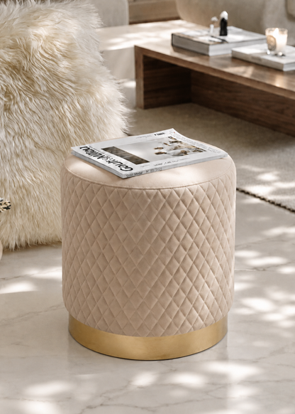 Alexandria Quilted Beige Velvet Pouffe