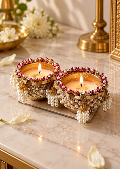 Handmade Clay Rustic Rooh Pearl Diya - Set of 2
