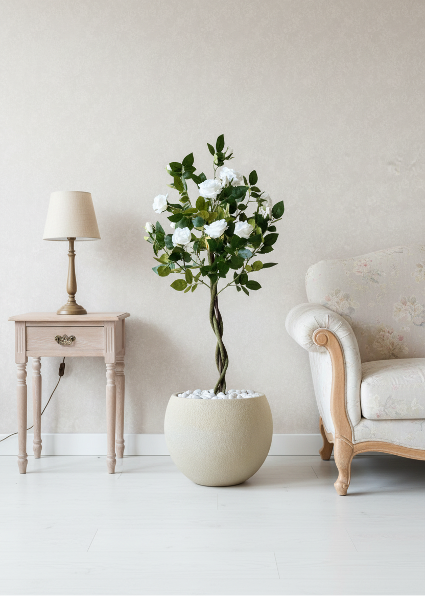 Artificial White Twisted Rose Plant - 4 Feet