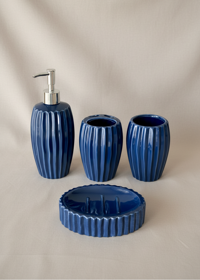 Ribbed Ceramic Bathroom Set - Blue