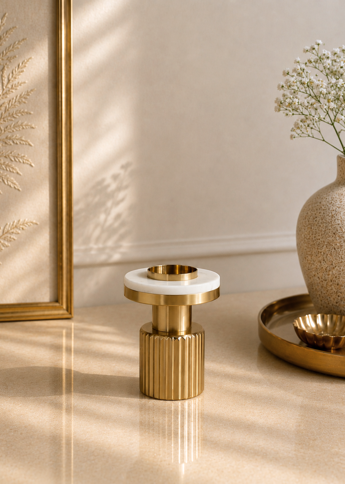 Gold Fluted Marble Candle Holder Set