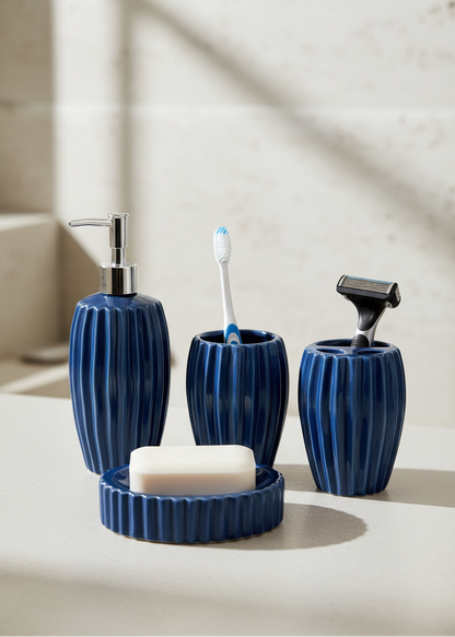 Ribbed Ceramic Bathroom Set - Blue