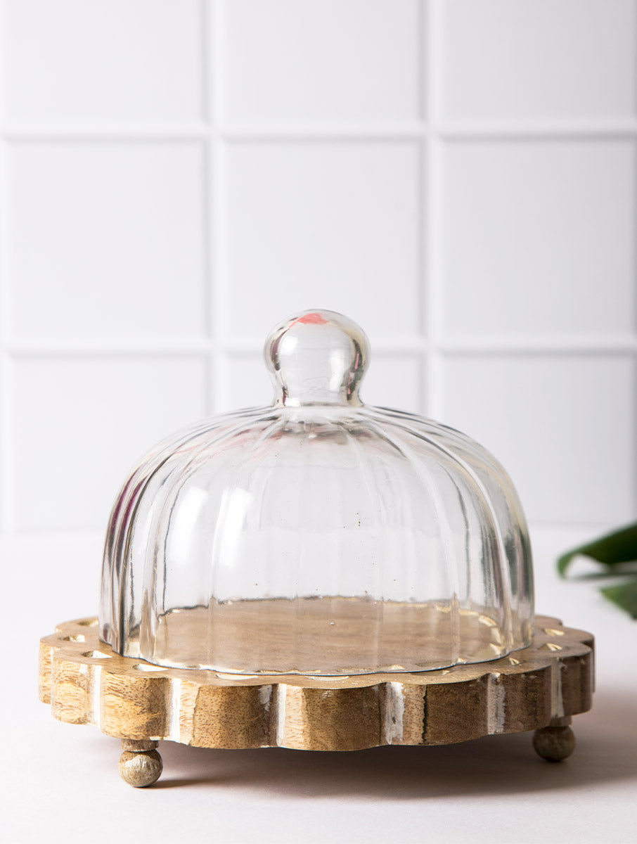 Aster Glass Cloche with Wooden Base