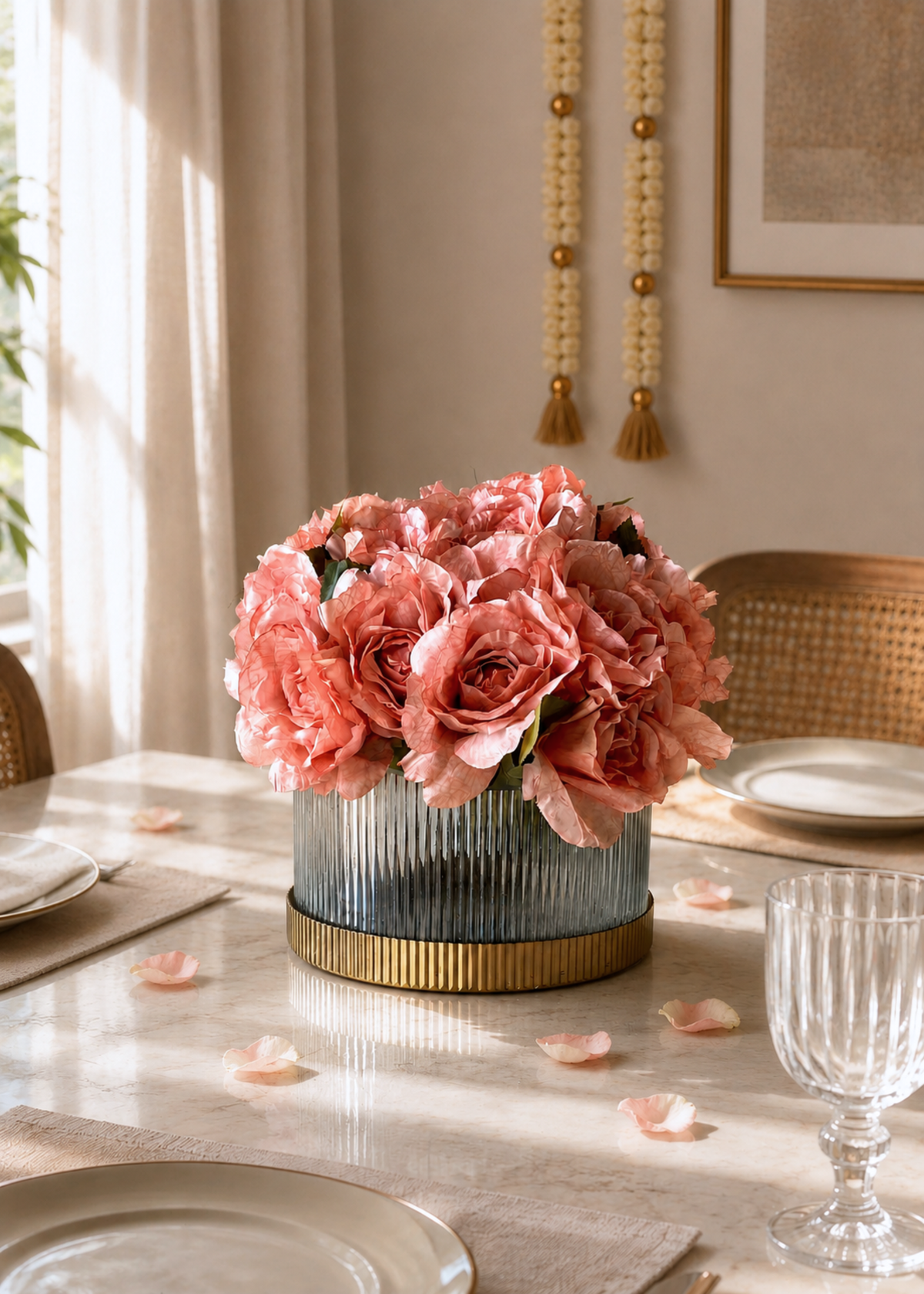 Fluted Glass Gold Vase - Wide