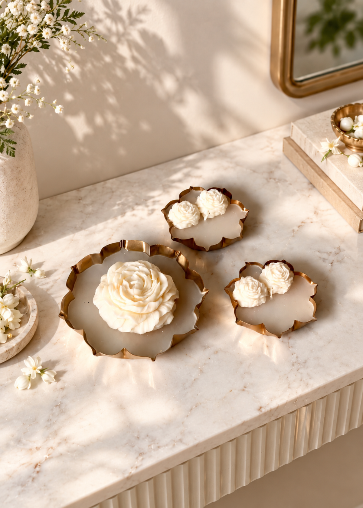 Ivory Bloom Gold Urli Candle Gift Set of 3
