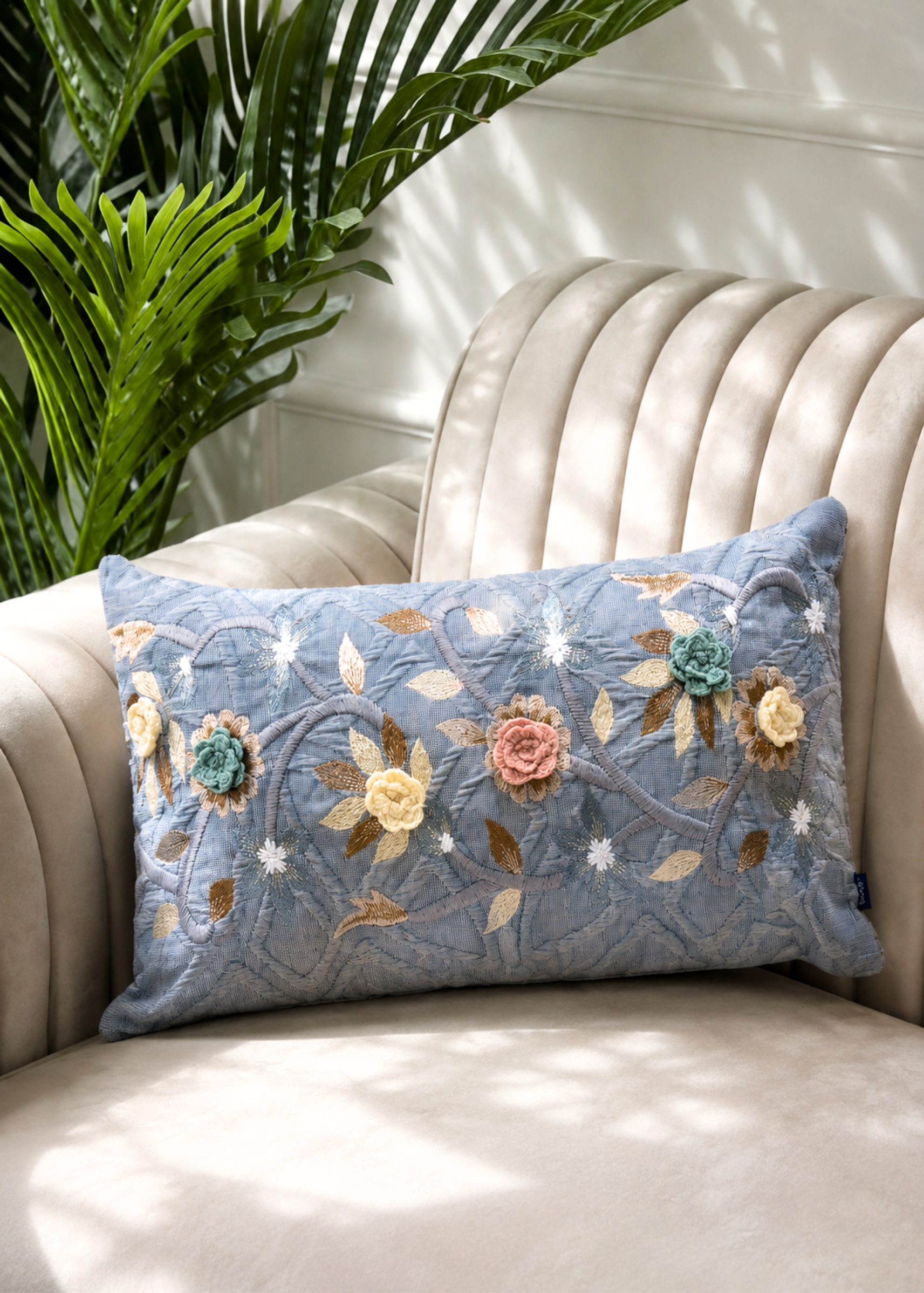 Dusty Blue Floral Cushion Cover
