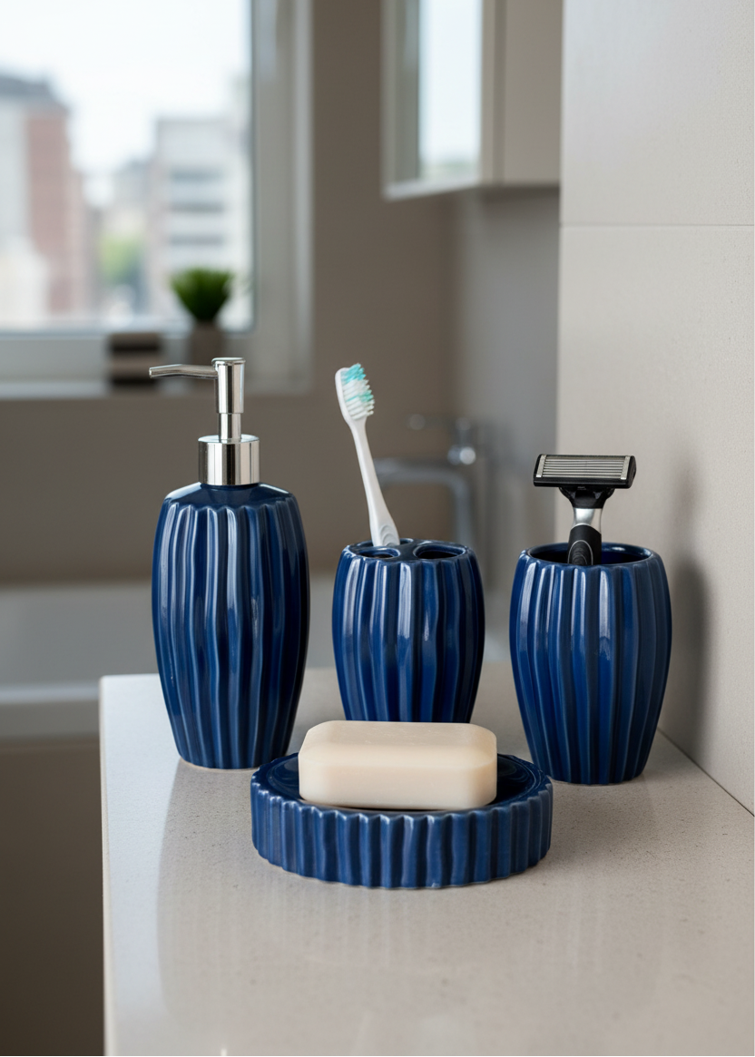 Ribbed Ceramic Bathroom Set - Blue