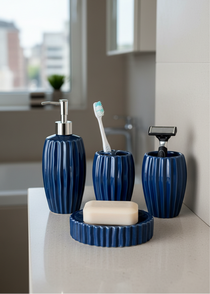 Ribbed Ceramic Bathroom Set - Blue