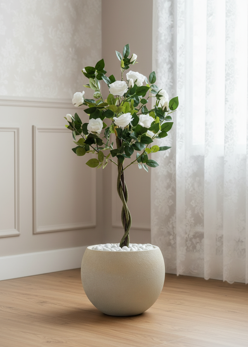Artificial White Twisted Rose Plant - 4 Feet