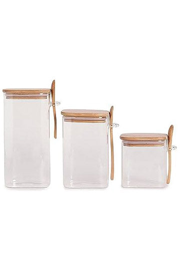 Glass Square Airtight Container With Wooden Lid - Set Of 3
